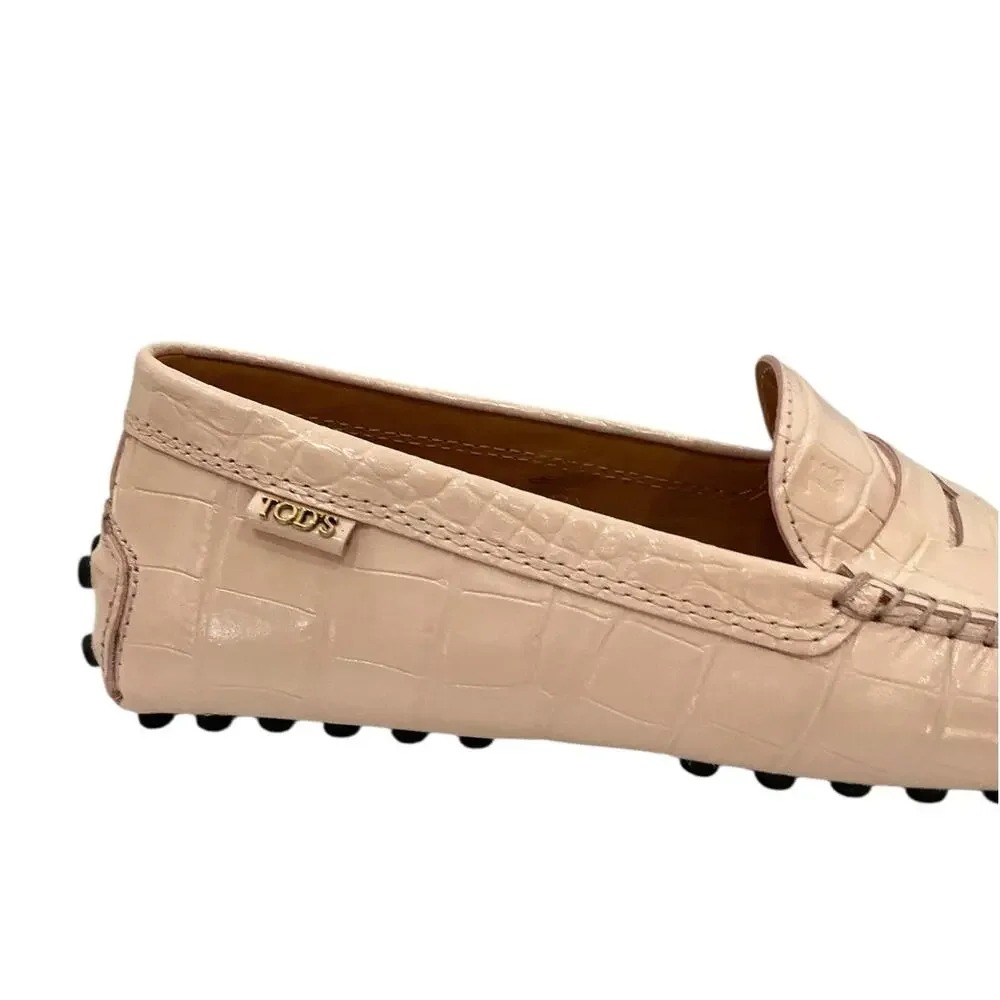 Tod’s Gommino Penny Bar Croc-Embossed Leather Pink Driving Loafers Size‎ 37 US 7